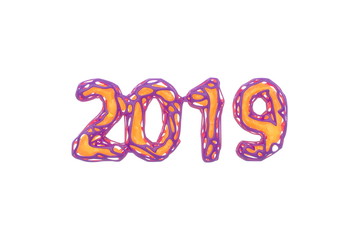 Happy New Year Banner with 2019 Numbers made by bright pink wire and orange glowing lowpoly core inside isolated on white Background. abstract 3d illustration