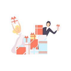 Couple of newlyweds with gift boxes vector Illustration on a white background