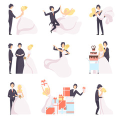 Happy wedding couple set, bride and groom celebrating marriage, dancing, hugging, cutting cake vector Illustration on a white background