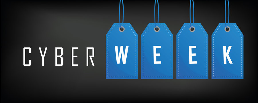 cyber week sale banner with blue tags vector illustration EPS10