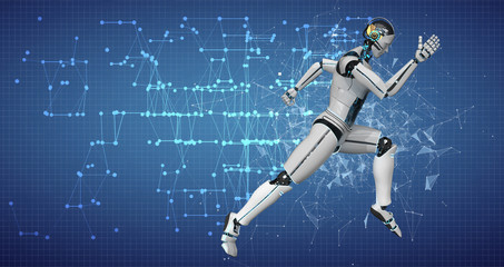 Plakat A running white robot on the blue background with a network. 3d illustration.