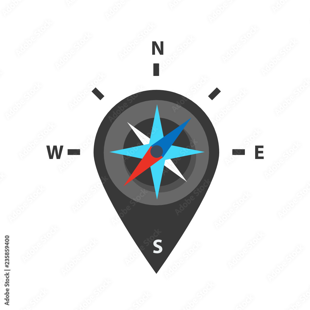 Poster Isolated flat silver with shadow. traveler. modern compass design. vector object illustration. pin. map
