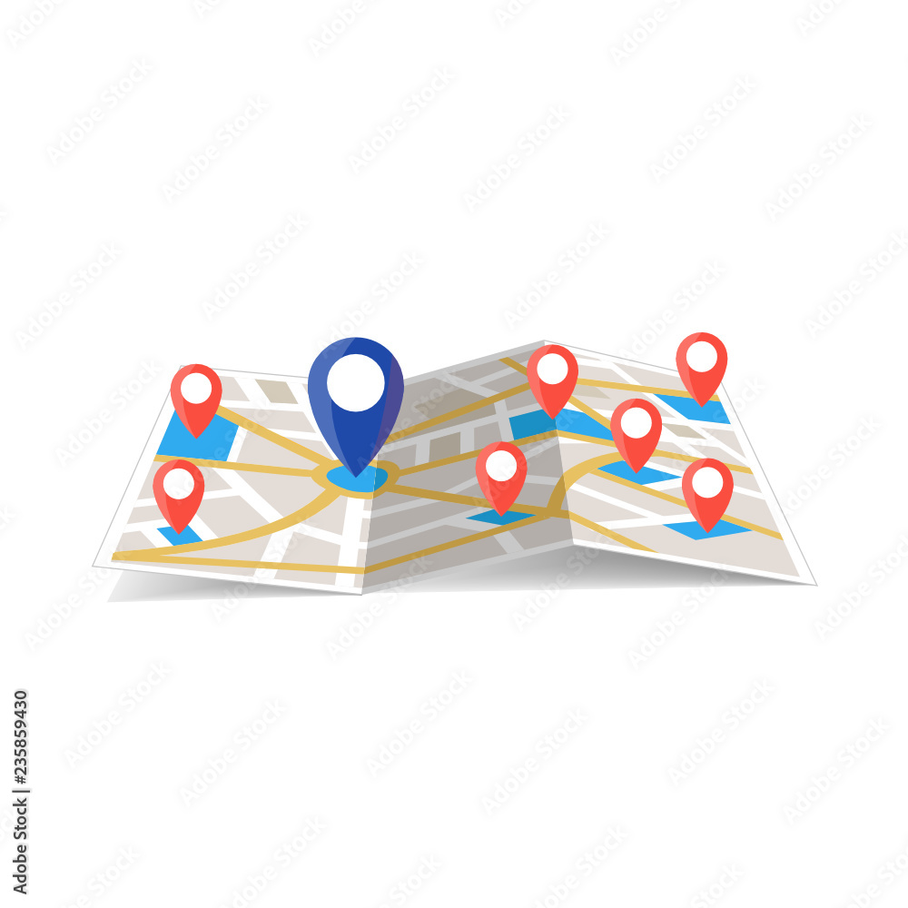 Poster maps navigation with red and blue color point markers and compass design background, vector illustra