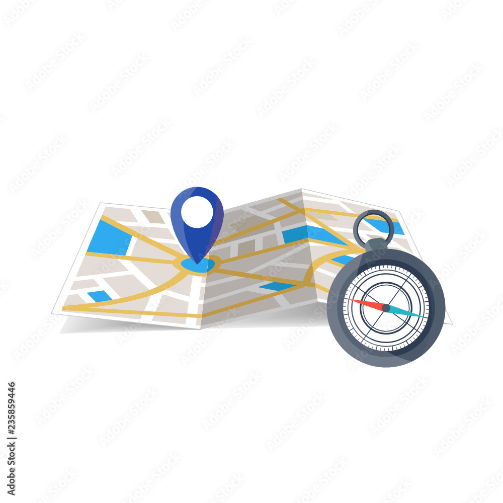 Poster maps navigation with red and blue color point markers and compass design background, vector illustra