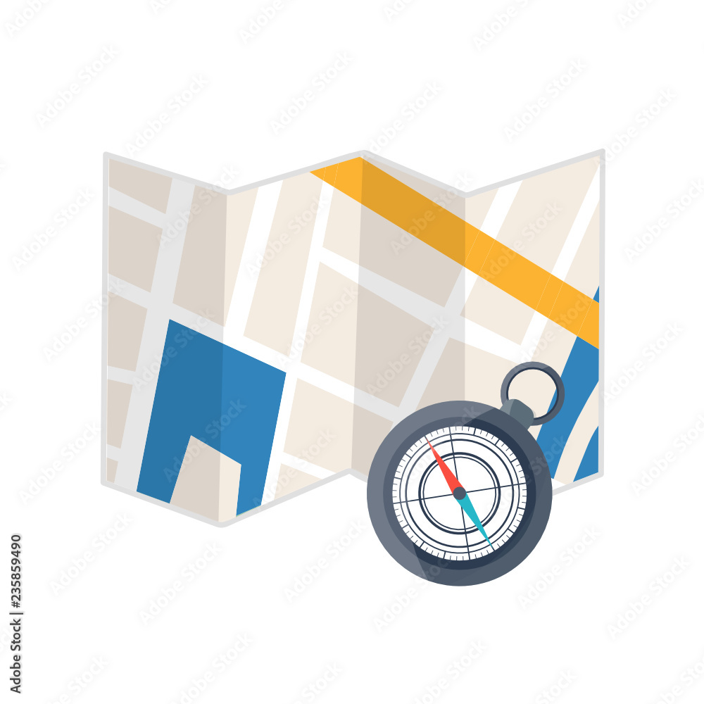 Poster maps navigation with red and blue color point markers and compass design background, vector illustration