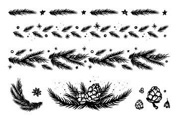Christmas border set with fir branches, cones, stars and snowflakes. Black and white elements for new year design