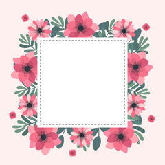 Floral greeting card and invitation template for wedding or birthday anniversary, Vector square shape of text box label and frame, Pink flowers wreath ivy style with branch and leaves.