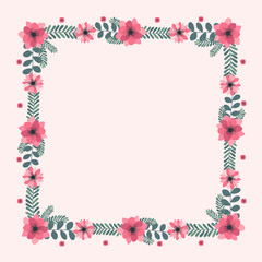 Floral greeting card and invitation template for wedding or birthday anniversary, Vector square shape of text box label and frame, Pink flowers wreath ivy style with branch and leaves.