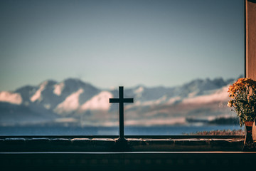 Cross In Front Of Mountains 