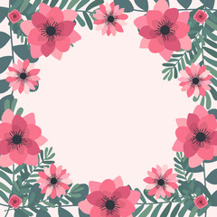 Floral greeting card and invitation template for wedding or birthday anniversary, Vector circle shape of text box label and frame, Pink flowers wreath ivy style with branch and leaves.
