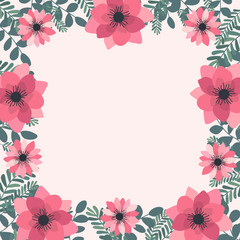 Floral greeting card and invitation template for wedding or birthday anniversary, Vector square shape of text box label and frame, Pink flowers wreath ivy style with branch and leaves.