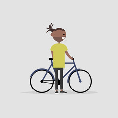 Young black male character standing with a bike. Healthy lifestyle. Flat design
