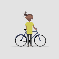 Fototapeta premium Young black male character standing with a bike. Healthy lifestyle. Flat design