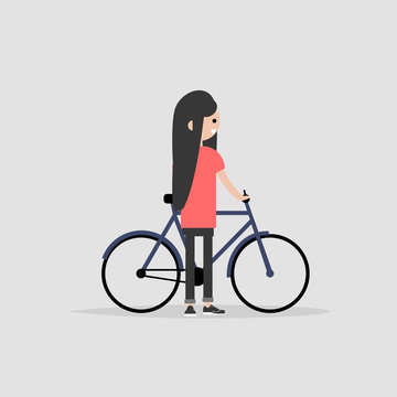 Young female character standing with a bike. Healthy lifestyle. Flat design