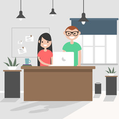 Vector illustration of coworking space. Working place, office. Modern office. Millennials at work. Flat design.
