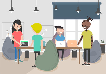 Vector illustration of coworking space. Working place, office. Modern office. Millennials at work. Flat design.
