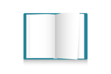 Realistic opened blank book. Vertical brochure page, notebook, magazine, booklet, cover. Mock up template for your design. Blank paper for graphic, creative, business, education. Vector illustration