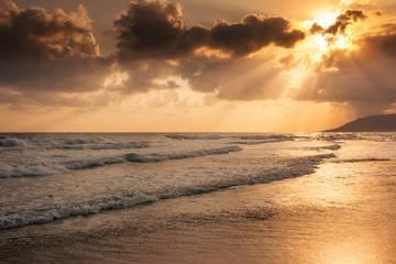 Sunrise at sea on the coast of Crete island, Greece, Europe.