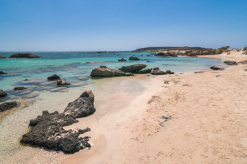 The Elafonissi Beach with crystal clear water, lagoon in the southwest of Crete island, Greece, Europe.