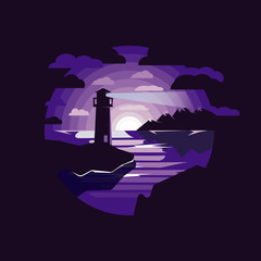 silhouette lighthouse in night sea illustration . Lighthouse by the sea with mountains,night sky. Night landscape.Negative space circle.Purple colored.Flat design