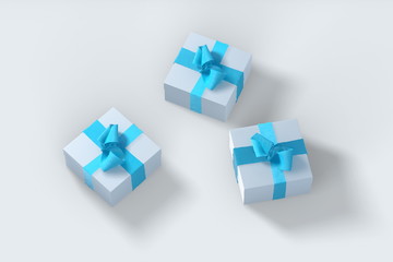 2018 Christmas New Year white gift boxes with blue bows of ribbons isolated on the white background. 3d illustration