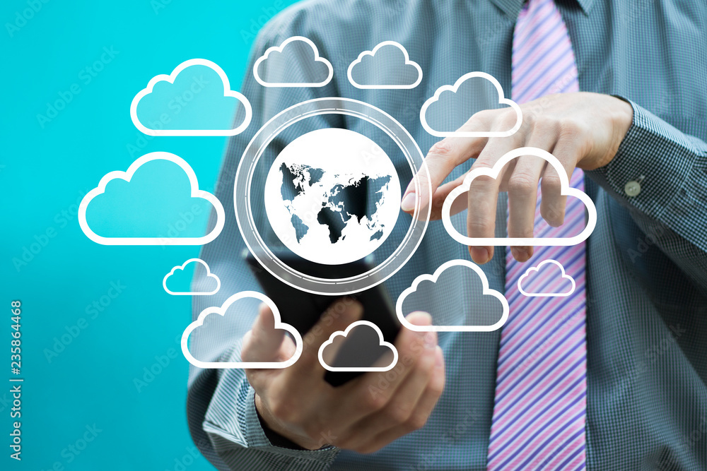 Poster businessman presses button map on phone communication in internet cloud.