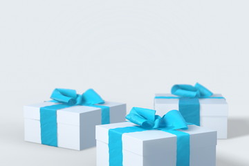 2018 Christmas New Year white gift boxes with blue bows of ribbons isolated on the white background. 3d illustration with copyspace for your text. Selective focus macro shot with shallow DOF