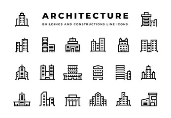Building line icons. Cityscape with skyscrapers business centers and modern offices hotels and townhouses. Vector buildings