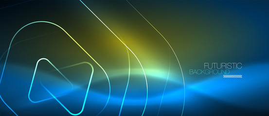 Fototapeta na wymiar Neon glowing techno lines, hi-tech futuristic abstract background template with geometric shapes