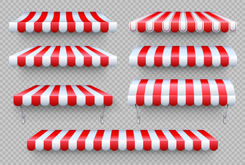 Stripe awning. Cafe tent, shop roof. Canopy sunshade for store window, outdoor market awnings vector set - obrazy, fototapety, plakaty