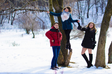 Fototapeta na wymiar group of friends having fun in the park in winter near the river