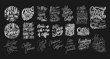 Set of Hand lettering quotes with sketches for coffee shop or cafe. Hand drawn vintage typography collection isolated on black background