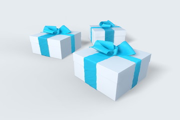 2018 Christmas New Year white gift boxes with blue bows of ribbons isolated on the white background. 3d illustration with copyspace for your text