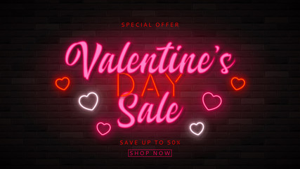 Fototapeta na wymiar Valentine's Day sale neon background. Color card design with 3d glowing neon letters and hearts. Vector illustration with light banner. Special discount offer template.