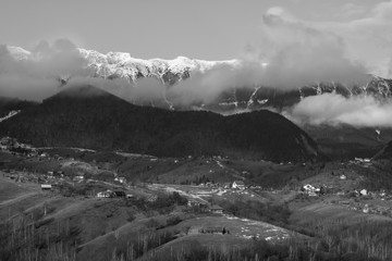 Mountain landscape in winter in black and white
