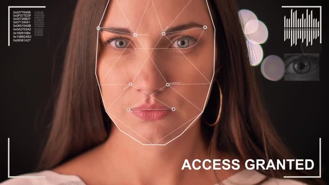 Futuristic and technological scanning of the face of a beautiful woman for facial recognition and scanned person, future, security, scanning concept