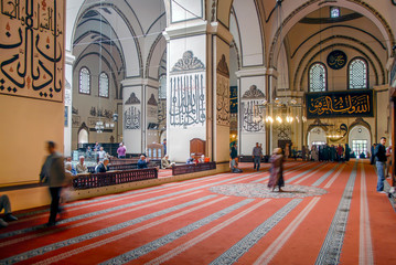 Bursa, Turkey, 30 April 2012: Ottoman Calligraphy, Ulu Mosque or Grand Mosque built in the Seljuk style, it was ordered by the Ottoman Sultan Bayezid I and built between 1396 and 1399. - obrazy, fototapety, plakaty