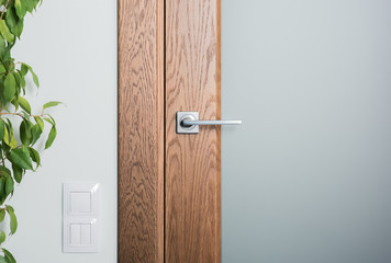Close - up of interior elements. Steel door handle on dark wood
