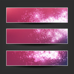 Set of Pink, Claret and Purple Horizontal Sparkling Banner Designs for Christmas, New Year Ads, Seasonal Events or Holidays 