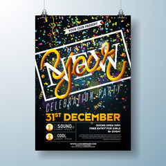 Happy New Year Party Celebration Flyer Template Illustration with Typography Design and Falling Confetti on Black Background. Vector Holiday Premium Invitation Poster or Promo Banner.