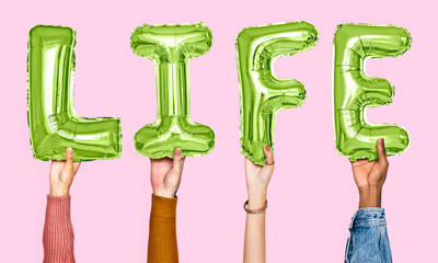 Hands showing life balloons word