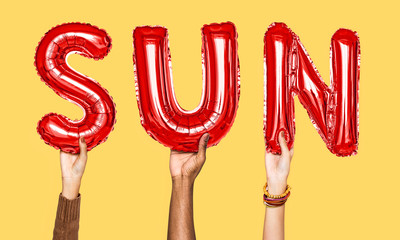 Hands showing sun balloons word