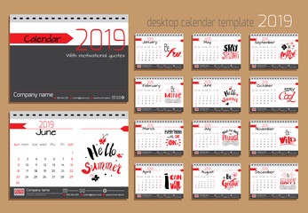 Naklejka na ściany i meble Desk calendar 2019. Vector design template with motivational quotes. Set of 12 months.