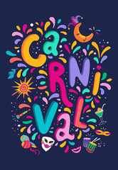 Bright colorful vector Set for Carnival festival decorate. Includ handwritten lettering text, confetti, masks, fireworks