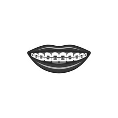 Dental braces dental illustration in black and white, human smile with a device for leveling the bite