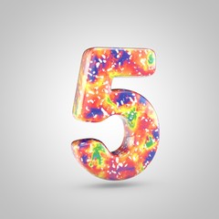 Bright acrylic pouring number 5 isolated on white background