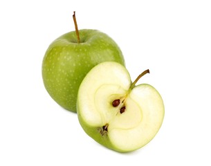 Sliced Fresh Green Apple Isolated on White Background in Full Depth of Field 
