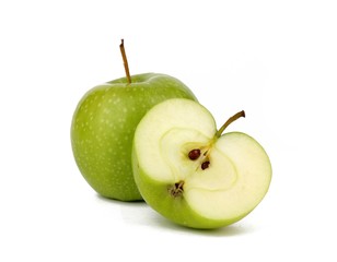 Sliced Fresh Green Apple Isolated on White Background in Full Depth of Field 