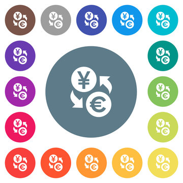 Yen Euro money exchange flat white icons on round color backgrounds