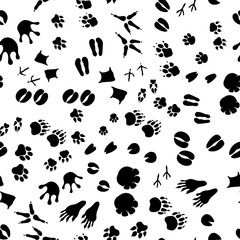 Fototapeta na wymiar Animal and bird trace silhouettes of steps imprints, seamless pattern on white